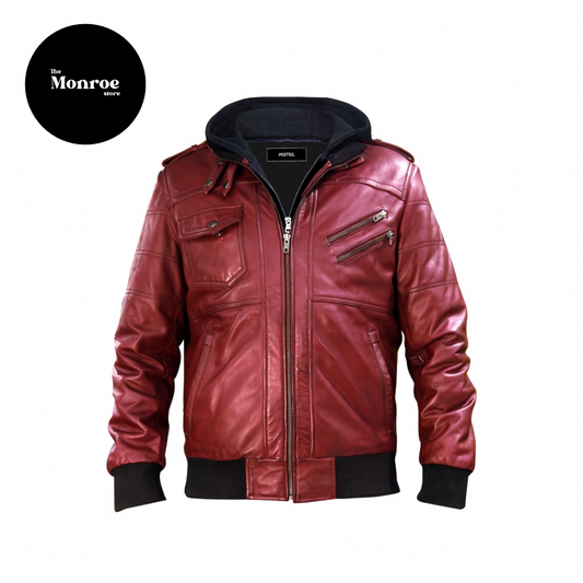 Red Hooded Zipper Leather Jacket - The Monroe Store - PK