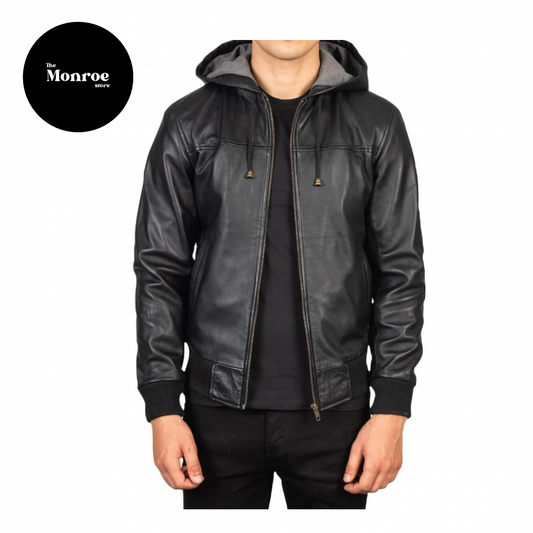 Black Hooded Leather Jacket - Small